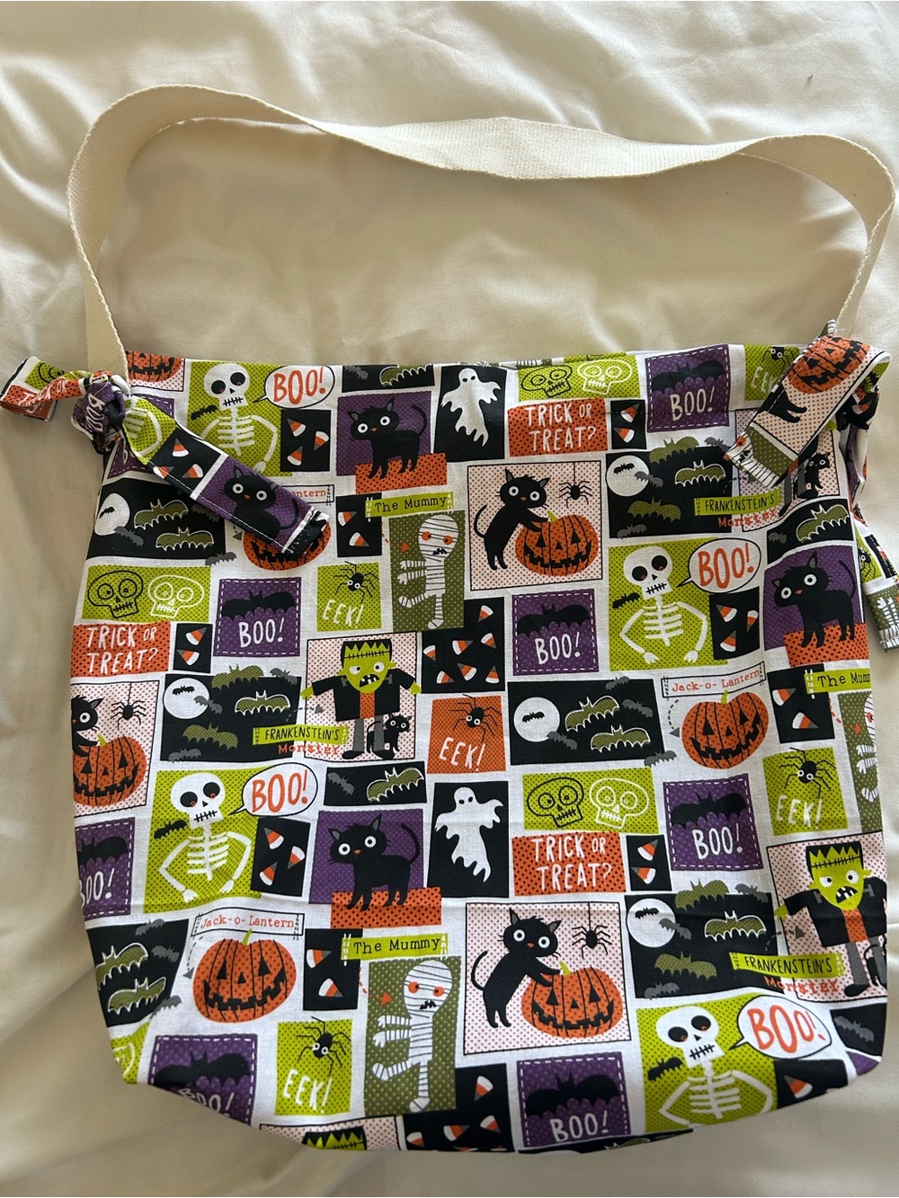 Halloween Patchwork Cotton Fabric lined Tote Bag in Black, Orange, Purple, Green